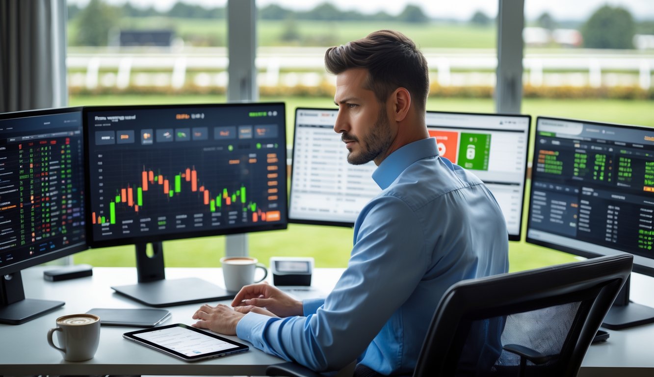 Seorang pria duduk di meja dengan beberapa layar komputer yang menampilkan data balap kuda, sedang menganalisis dan mencatat di ruang kerja modern.
