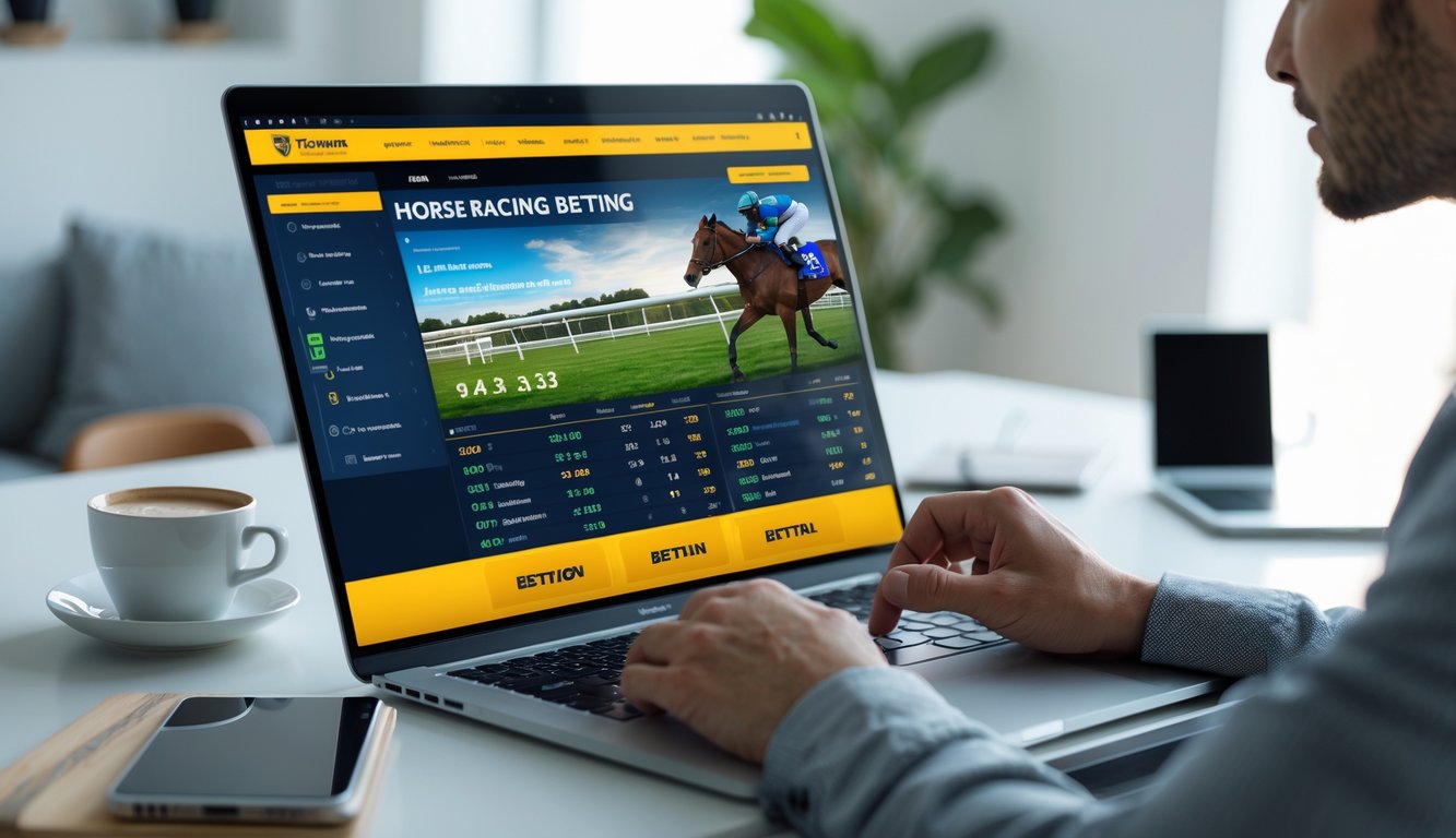 Seseorang menggunakan komputer di ruang kerja untuk mengakses situs balap kuda online dengan tampilan layar yang menampilkan informasi balapan dan taruhan.