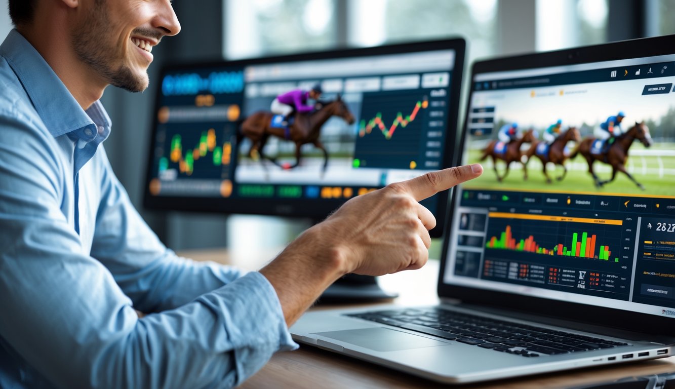 Seseorang di depan laptop dengan tampilan taruhan balap kuda online, menunjukkan ekspresi percaya diri dan suasana kerja yang profesional.