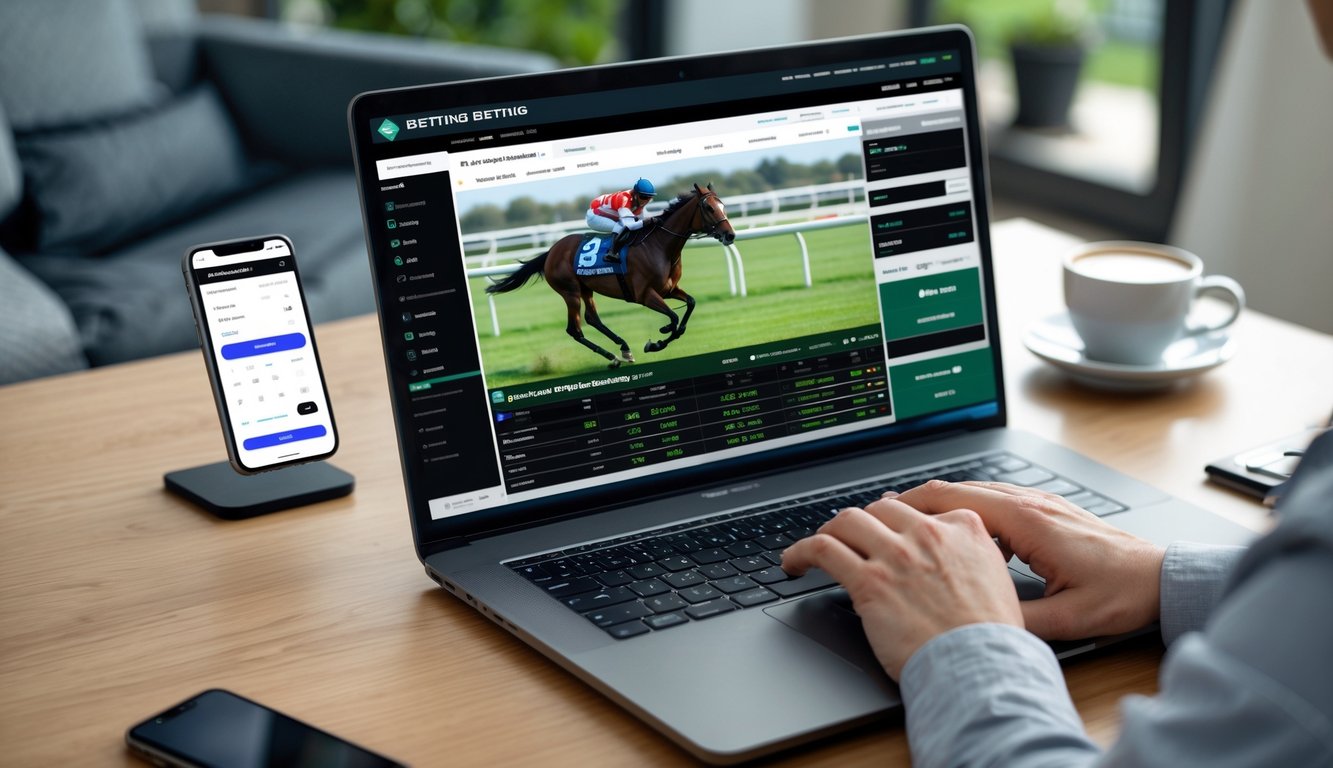 Seseorang menggunakan laptop di meja kerja untuk memasang taruhan balap kuda secara online dengan suasana yang rapi dan profesional.