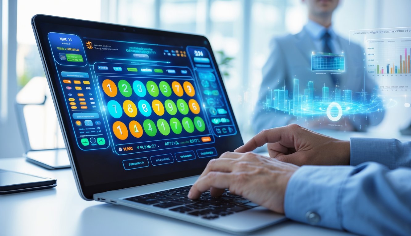 Seseorang menggunakan perangkat digital dengan antarmuka lotere online di lingkungan kantor modern.