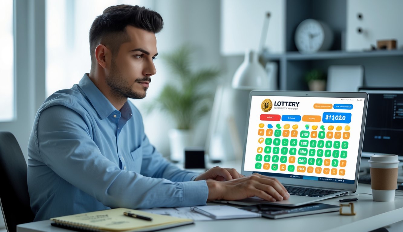 Seorang pria muda duduk di meja kerja modern dengan laptop yang menampilkan situs lotere online, di ruangan yang terang dan rapi.