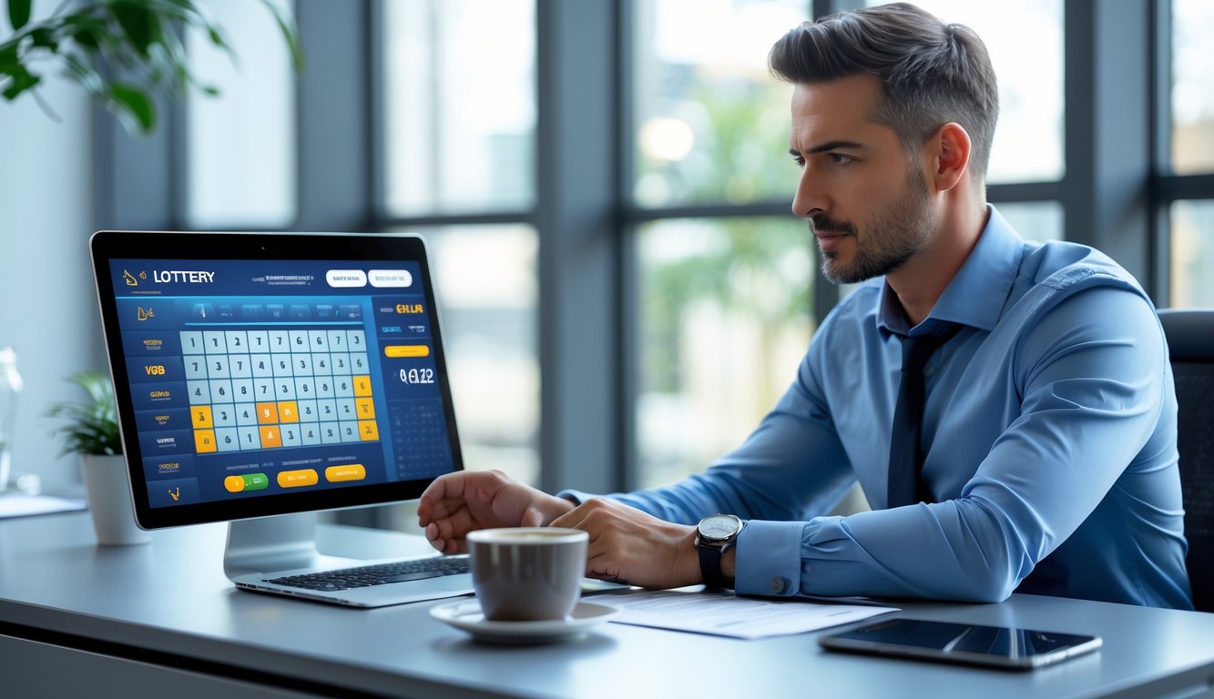 Seorang pria duduk di meja kantor modern dengan laptop, fokus pada layar yang menampilkan antarmuka judi togel online, dikelilingi oleh dokumen dan alat kerja.