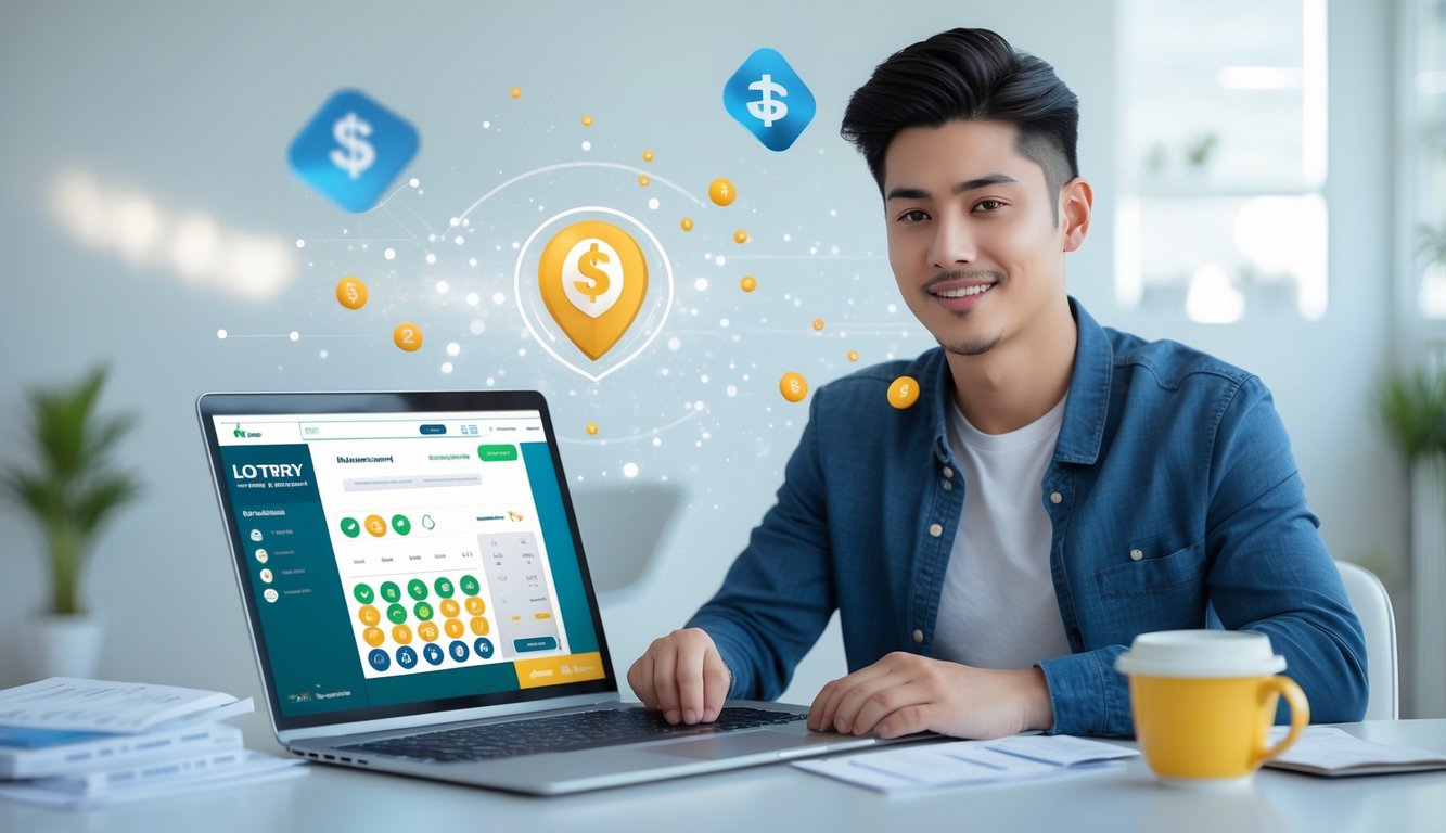 Seorang pria muda duduk di meja kerja dengan laptop terbuka, dikelilingi oleh catatan dan grafik, menunjukkan suasana belajar dan fokus bermain togel online.