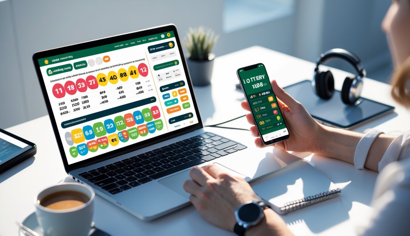 Meja kerja modern dengan laptop dan ponsel yang menampilkan aplikasi taruhan togel online, dilengkapi dengan cangkir kopi dan alat tulis.