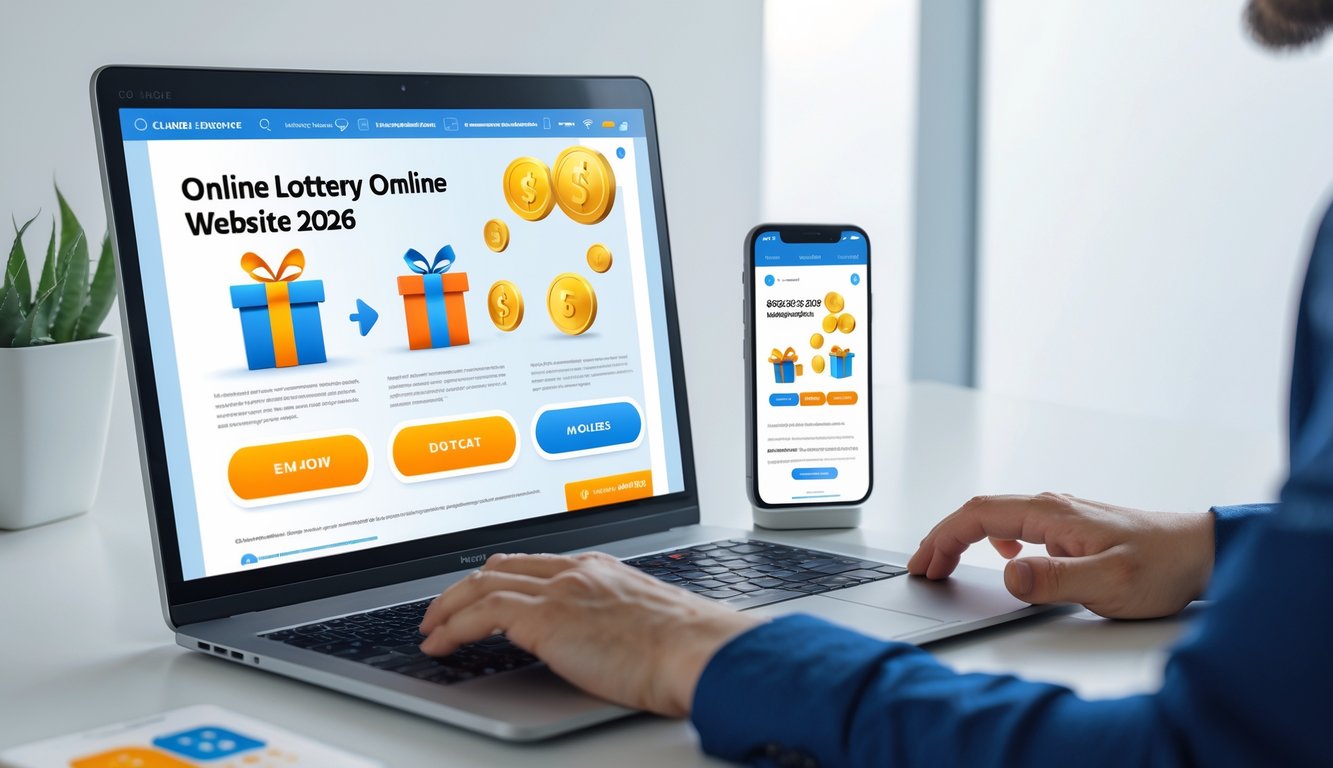 Seorang pengguna sedang menggunakan komputer dan ponsel untuk mengakses situs togel online terpercaya dengan tampilan grafis bonus dan promosi menarik.