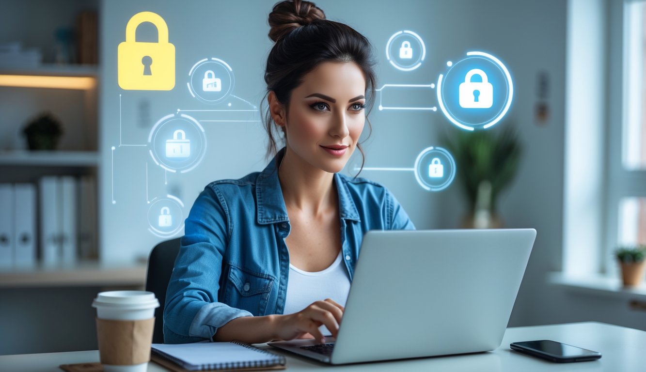 Seorang wanita muda duduk di meja dengan laptop, terlihat fokus dan percaya diri dalam suasana ruang kerja yang rapi dan terang.