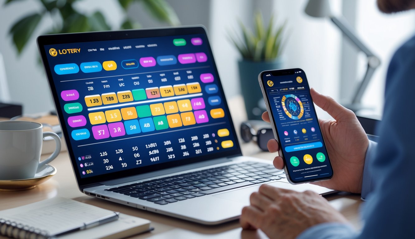 Seseorang menggunakan laptop dan ponsel di meja kerja yang rapi dengan tampilan situs togel online di layar.