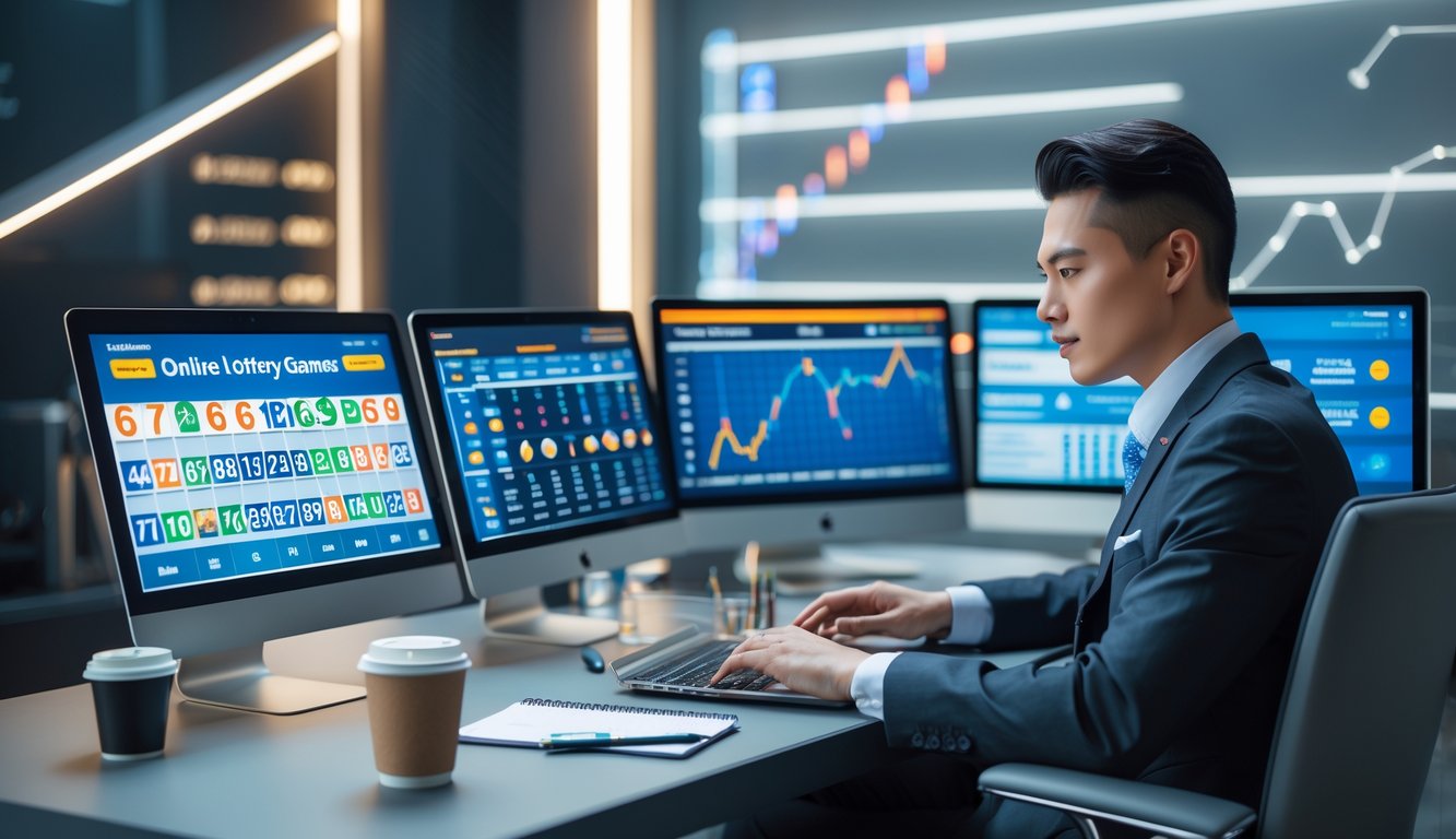 Seorang pemain profesional duduk di meja dengan beberapa layar digital menampilkan angka togel dan data, menggunakan laptop dan ponsel di ruangan modern yang rapi.
