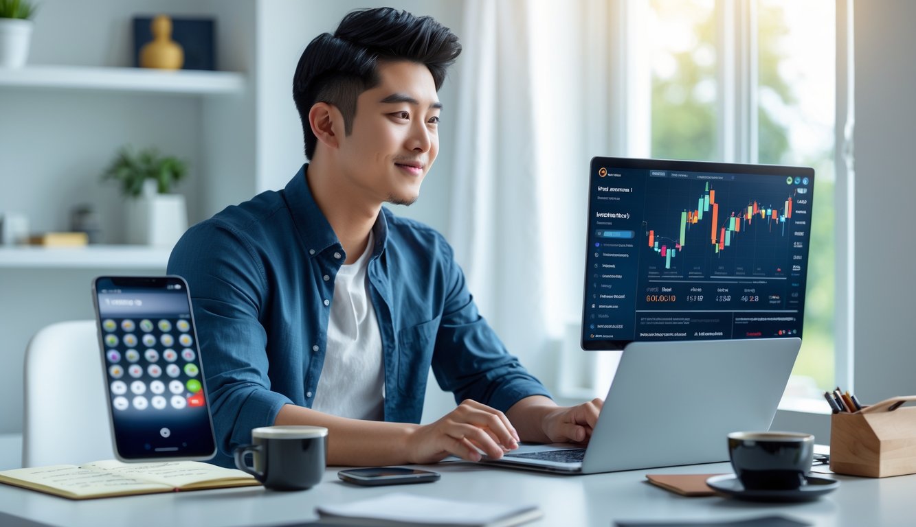 Seorang pria muda duduk di meja kerja dengan laptop, tampak fokus dan optimis di lingkungan kantor rumah yang terang.