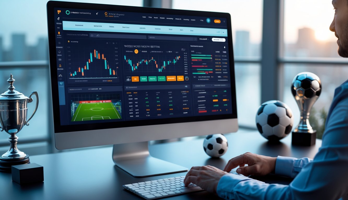 Seseorang menggunakan komputer dengan tampilan platform taruhan bola online yang aman dan mudah, dengan latar belakang bola sepak dan trofi.