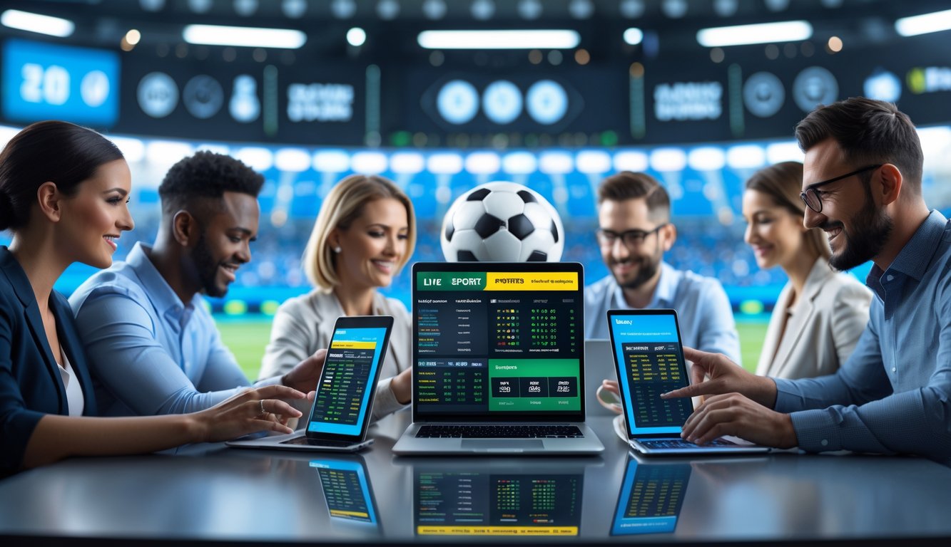 Beberapa orang menggunakan perangkat digital untuk memasang taruhan olahraga online dengan latar belakang stadion sepak bola dan grafik digital.