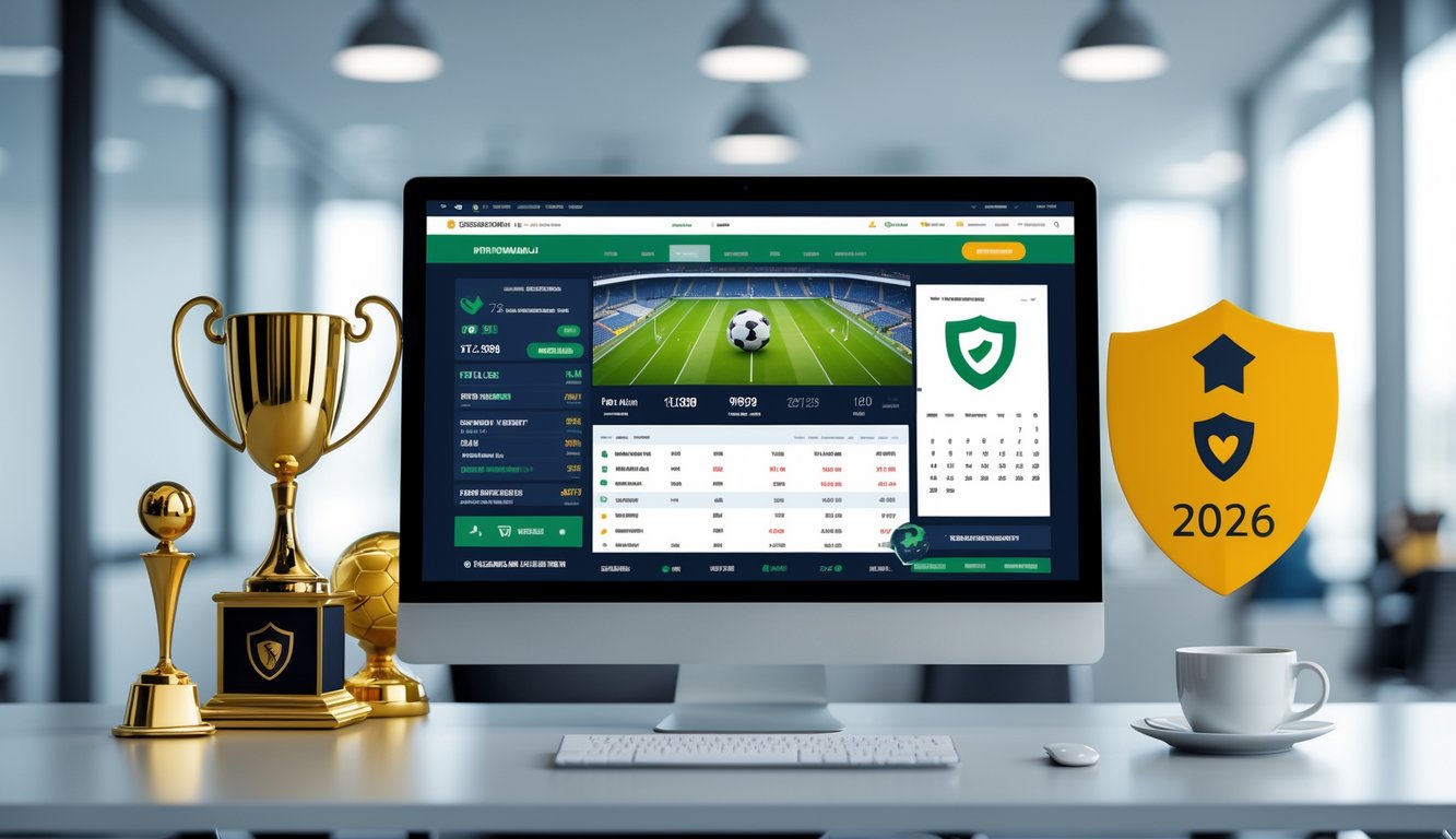 Sebuah ruang kerja modern dengan komputer menampilkan situs taruhan bola online dan elemen yang menunjukkan keamanan dan popularitas.