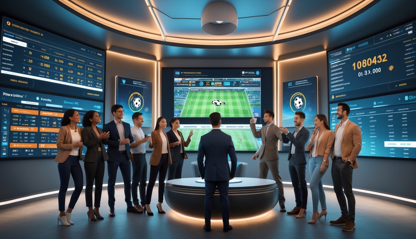 Sekelompok orang muda yang percaya diri sedang melihat layar digital besar menampilkan pertandingan sepak bola dan statistik taruhan olahraga dalam ruangan modern.