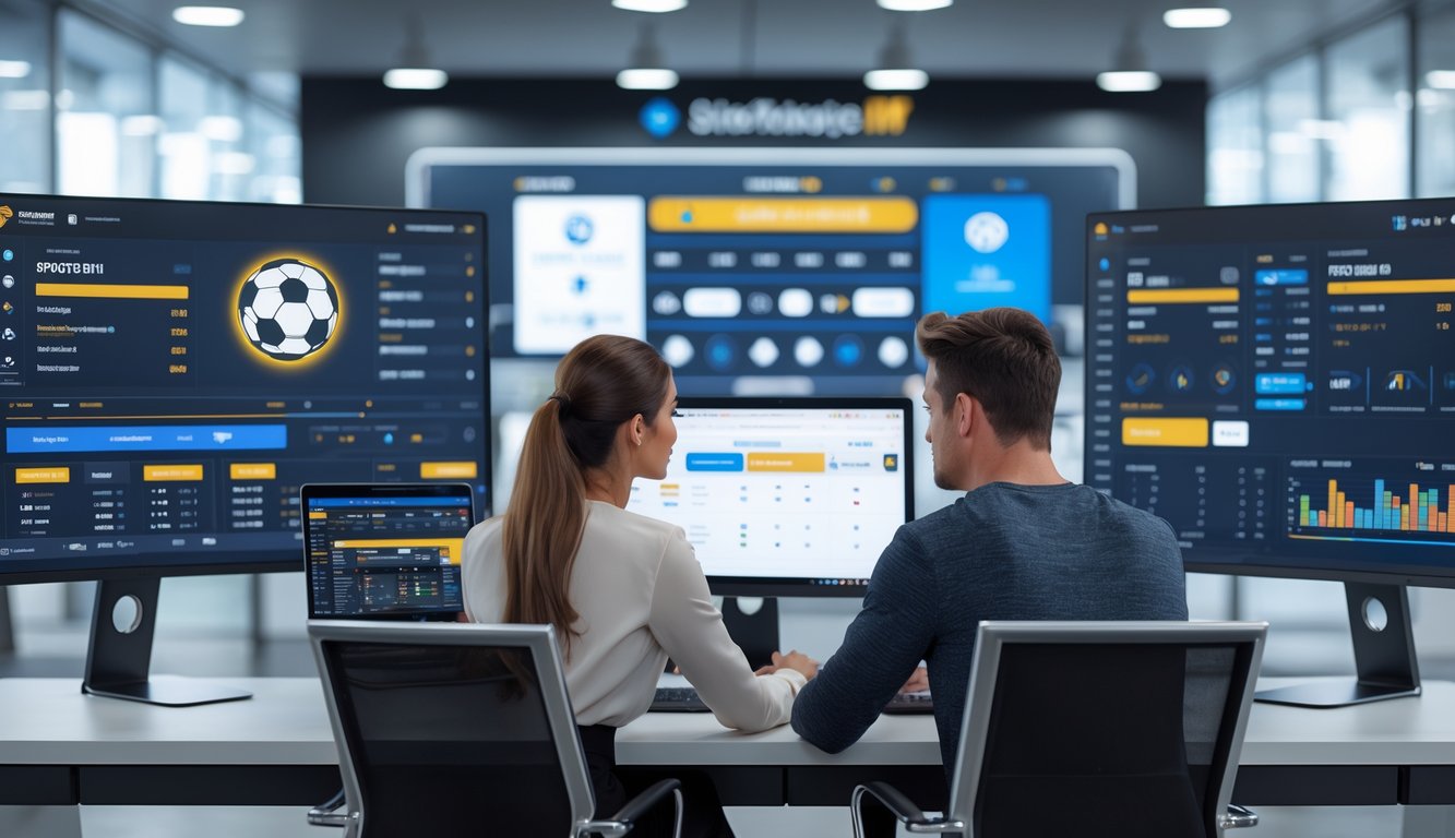 Dua orang dewasa duduk di meja dengan beberapa monitor menampilkan statistik dan taruhan sepak bola secara online.