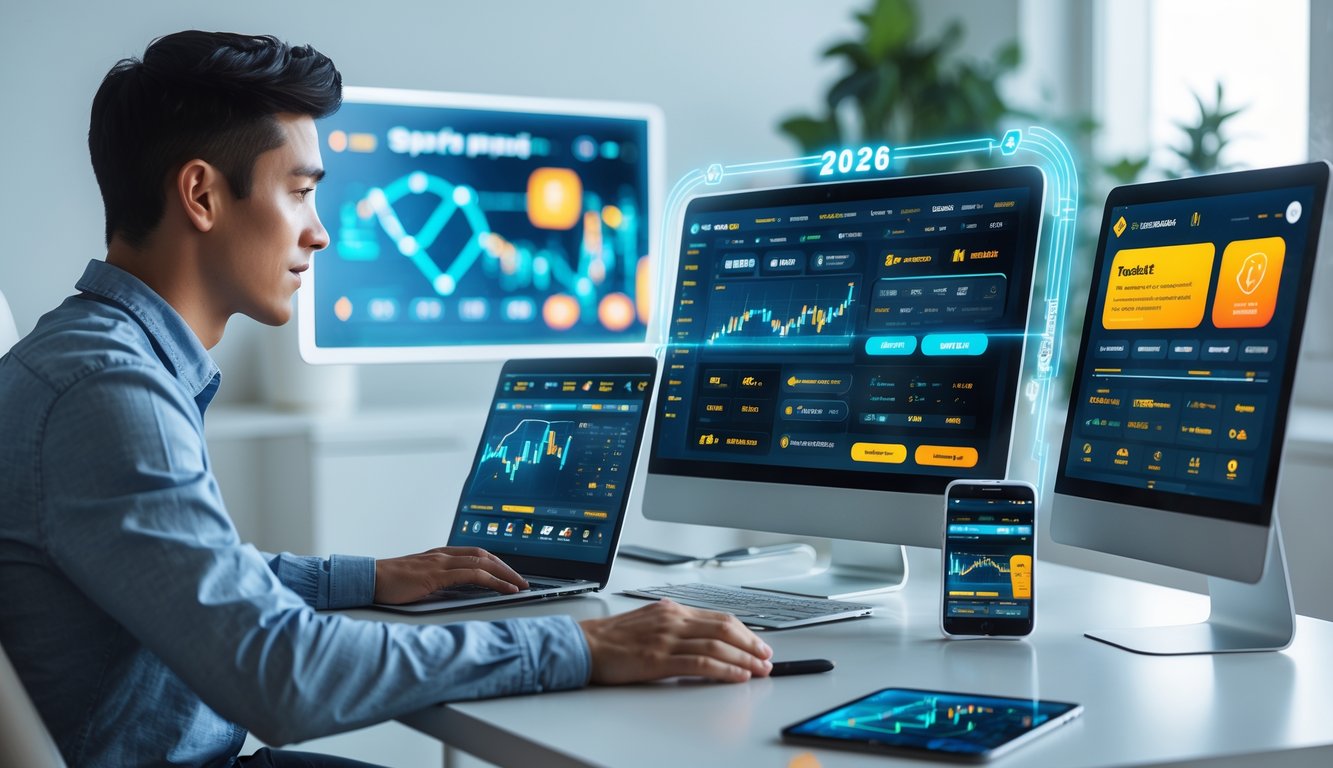 Seseorang duduk di meja dengan beberapa perangkat digital yang menampilkan antarmuka taruhan olahraga online, terlihat fokus dan aman.