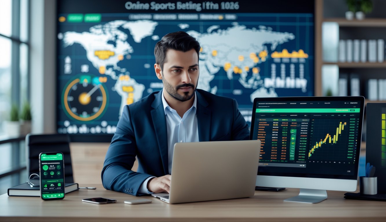 Seorang pria duduk di meja kerja dengan laptop dan perangkat digital yang menampilkan statistik pertandingan sepak bola dan grafik taruhan.