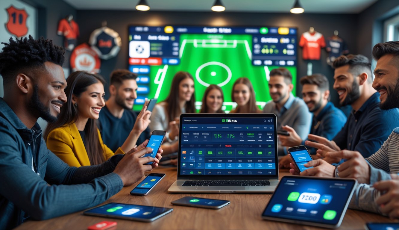 Sekelompok orang muda menggunakan perangkat digital untuk memasang taruhan bola secara online di ruangan yang nyaman dengan layar besar menampilkan pertandingan sepak bola.