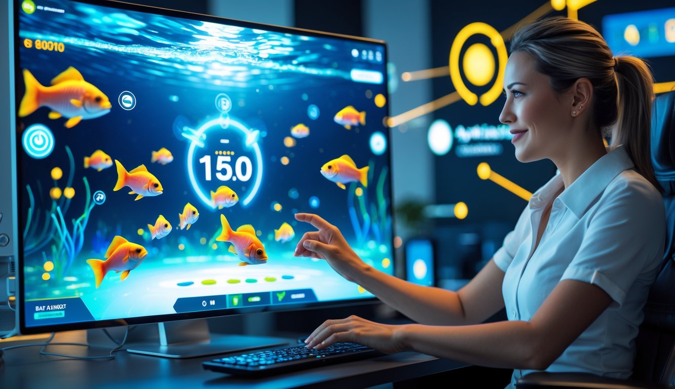 Seorang pemain dewasa sedang bermain permainan tembak ikan online dengan latar belakang antarmuka digital berwarna-warni dan simbol pembayaran cepat.