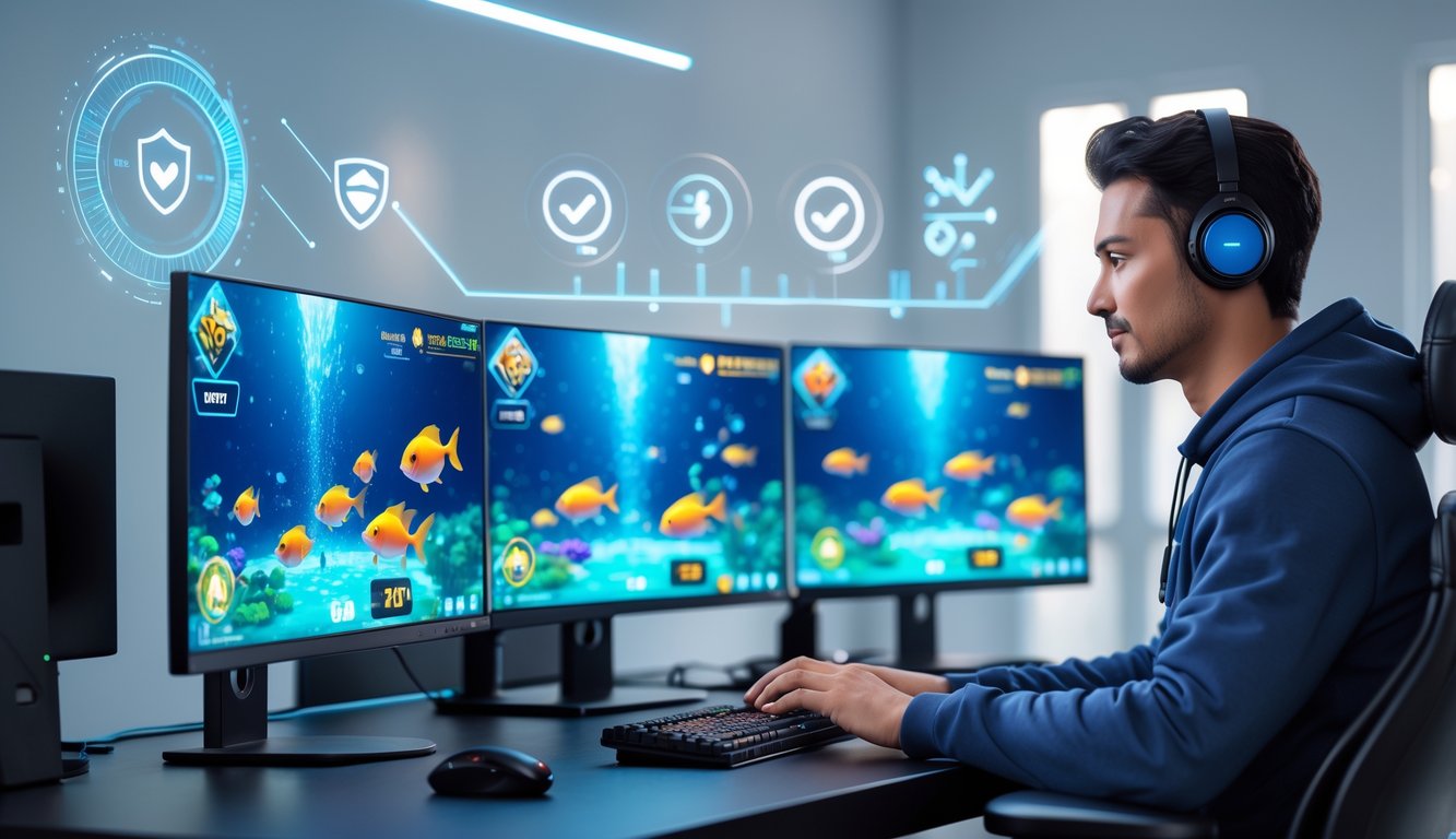 Seorang pemain dewasa sedang menggunakan komputer dengan beberapa layar menampilkan permainan tembak ikan online yang berwarna-warni di ruangan gaming yang rapi.