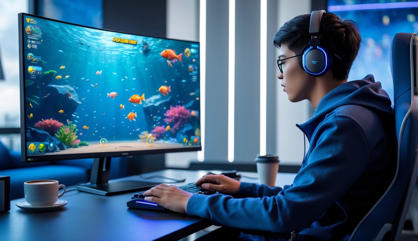 Seorang dewasa muda sedang bermain game tembak ikan di komputer di ruang modern yang terang dengan dekorasi futuristik.