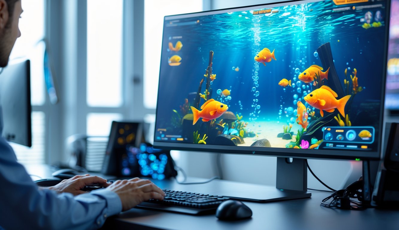 Seseorang bermain game tembak ikan online di depan komputer dengan layar menampilkan ikan berwarna-warni di bawah laut.