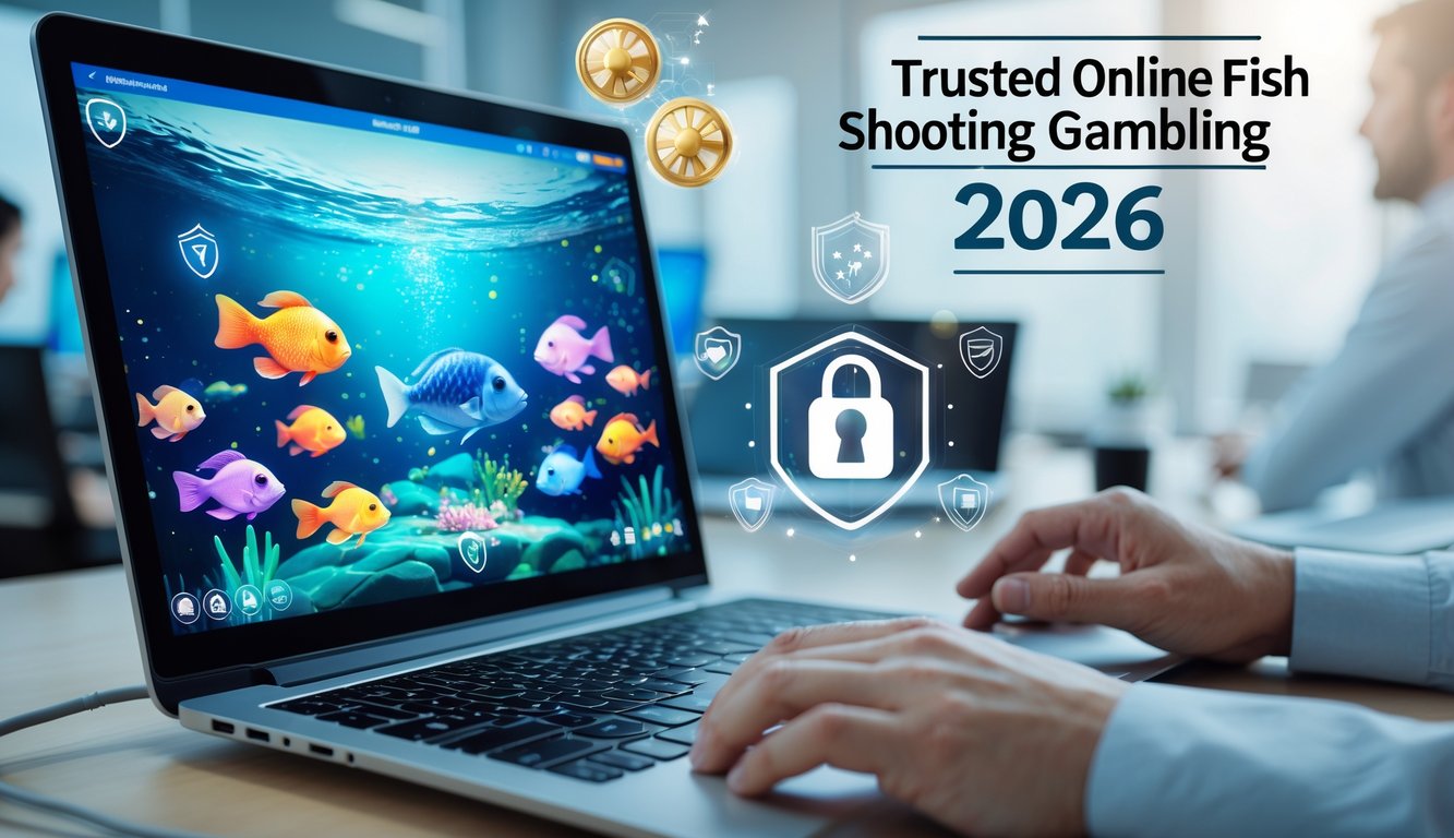 Seseorang menggunakan laptop dengan tampilan permainan menembak ikan yang berwarna-warni dan ikon keamanan di sekitarnya di dalam ruangan kantor yang terang.