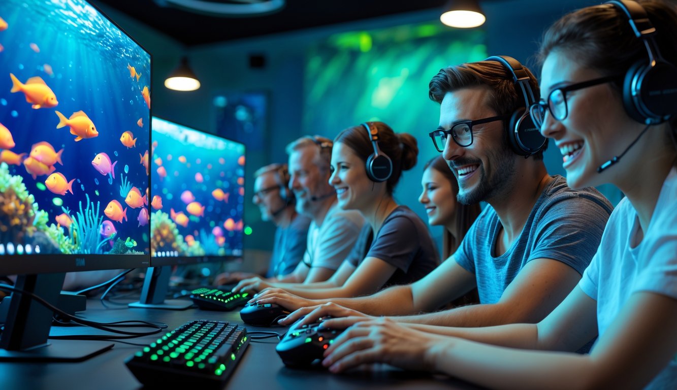 Beberapa orang dewasa sedang bermain game tembak ikan online di ruang permainan dengan layar komputer yang menampilkan grafik bawah laut berwarna-warni.