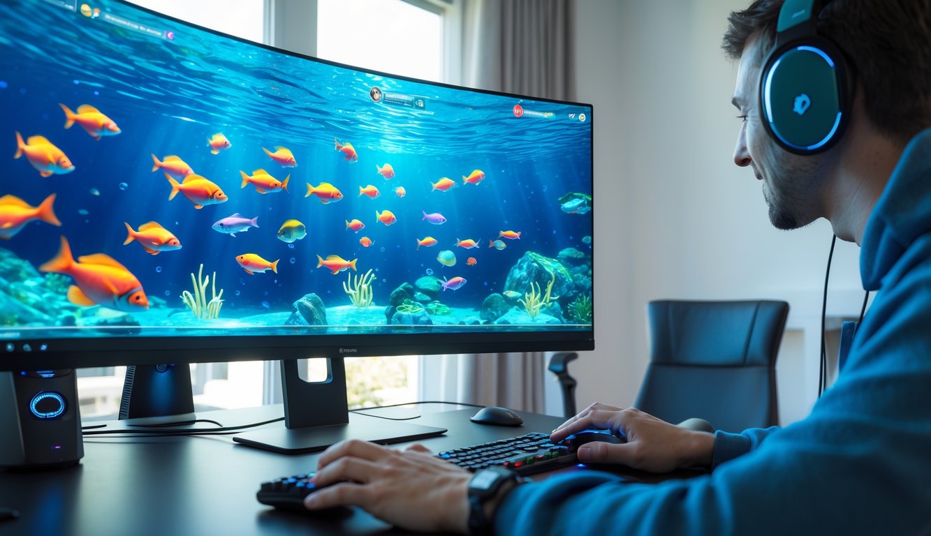 Seorang pemain menggunakan komputer dengan layar menampilkan permainan tembak ikan bawah laut yang penuh warna.