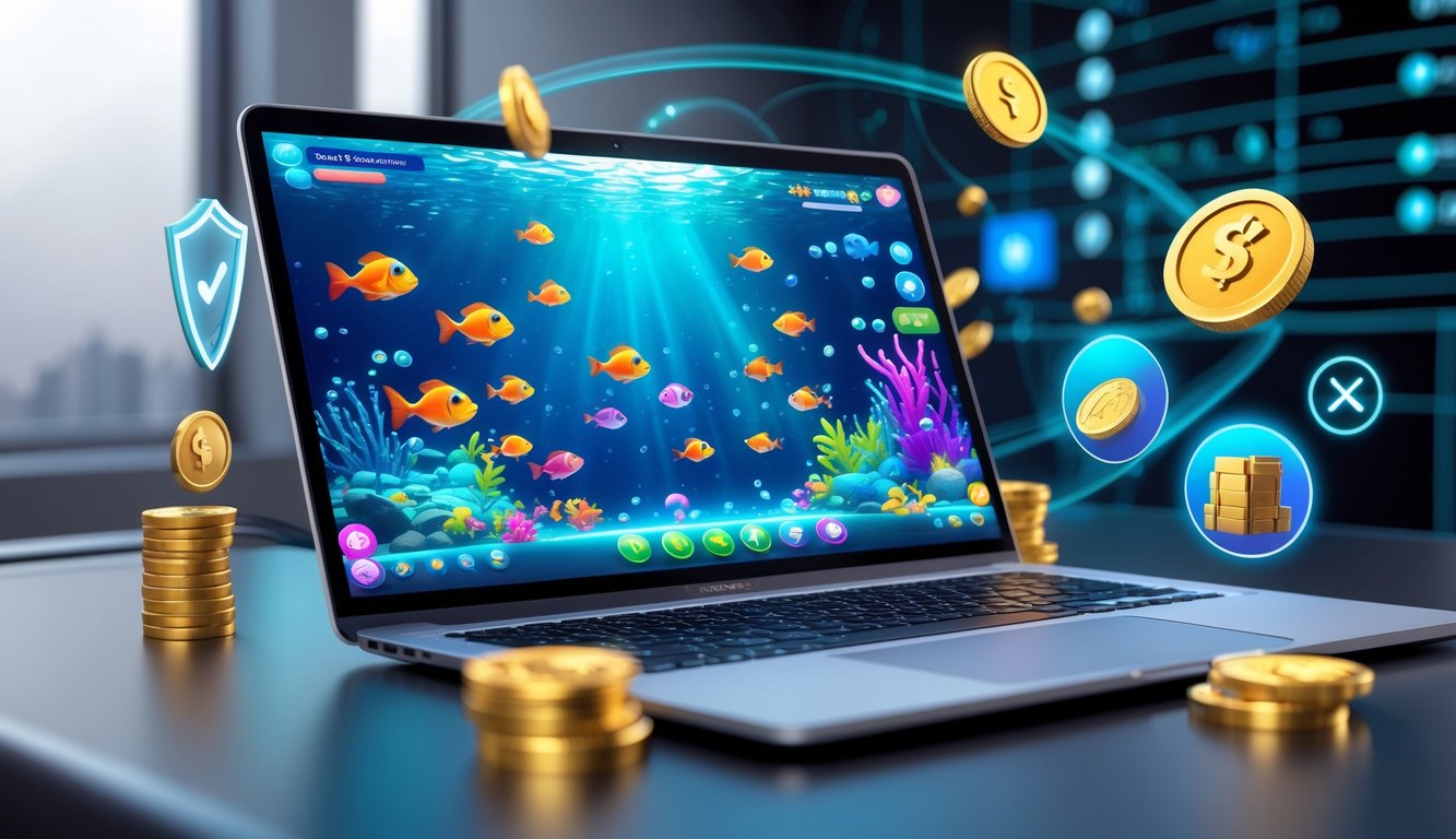 Layar komputer menampilkan permainan menembak ikan dengan latar bawah laut dan ikon keamanan serta hadiah di sekitarnya.