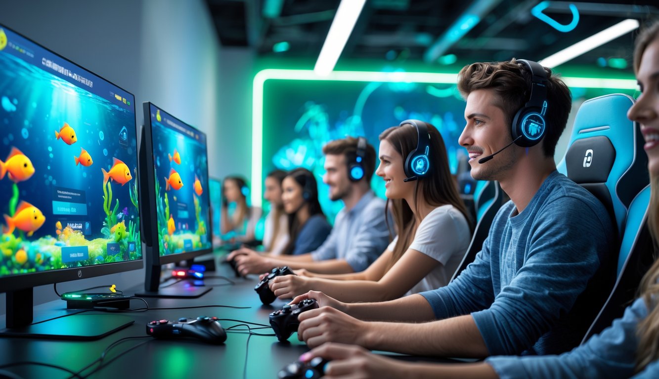 Beberapa orang muda bermain permainan tembak ikan online di komputer dengan tampilan layar penuh warna dan suasana ruangan yang modern.