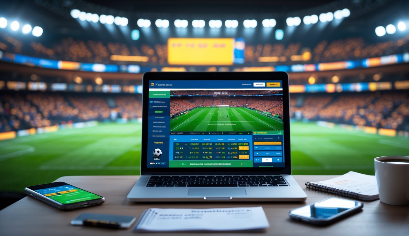 Seorang pria duduk di depan laptop dengan tampilan situs judi bola, latar belakang stadion sepak bola yang ramai dengan penonton.