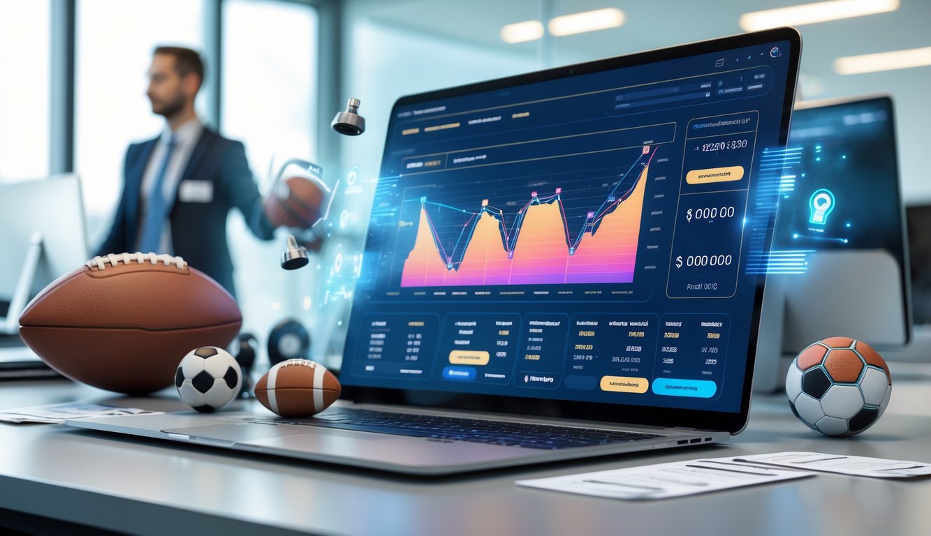 Seorang pria menggunakan laptop dengan layar menampilkan grafik taruhan sepak bola dan jackpot besar di meja yang dikelilingi perlengkapan sepak bola.