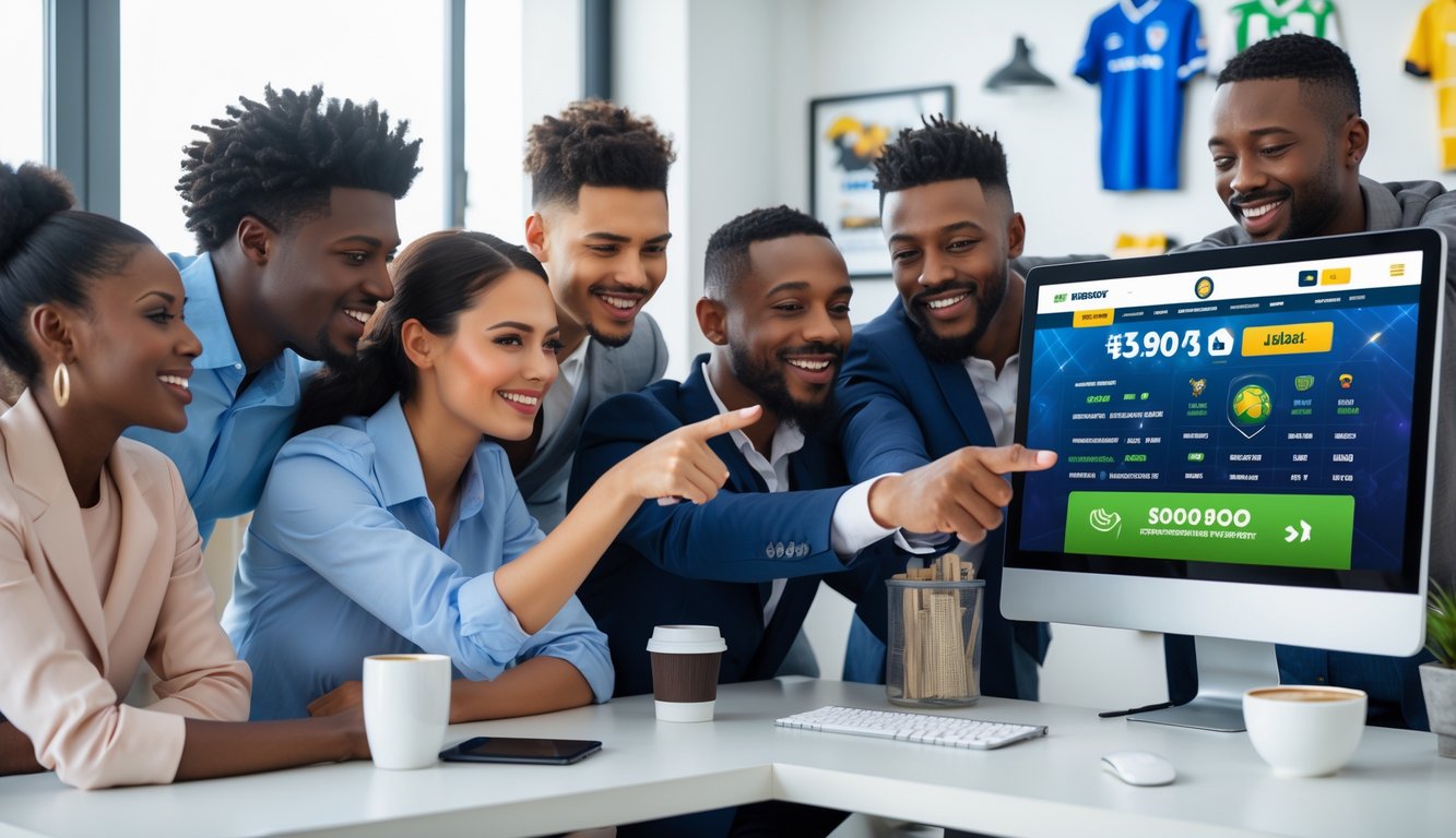 Sekelompok orang sedang melihat layar komputer yang menampilkan situs judi bola dengan suasana kantor yang terang dan profesional.