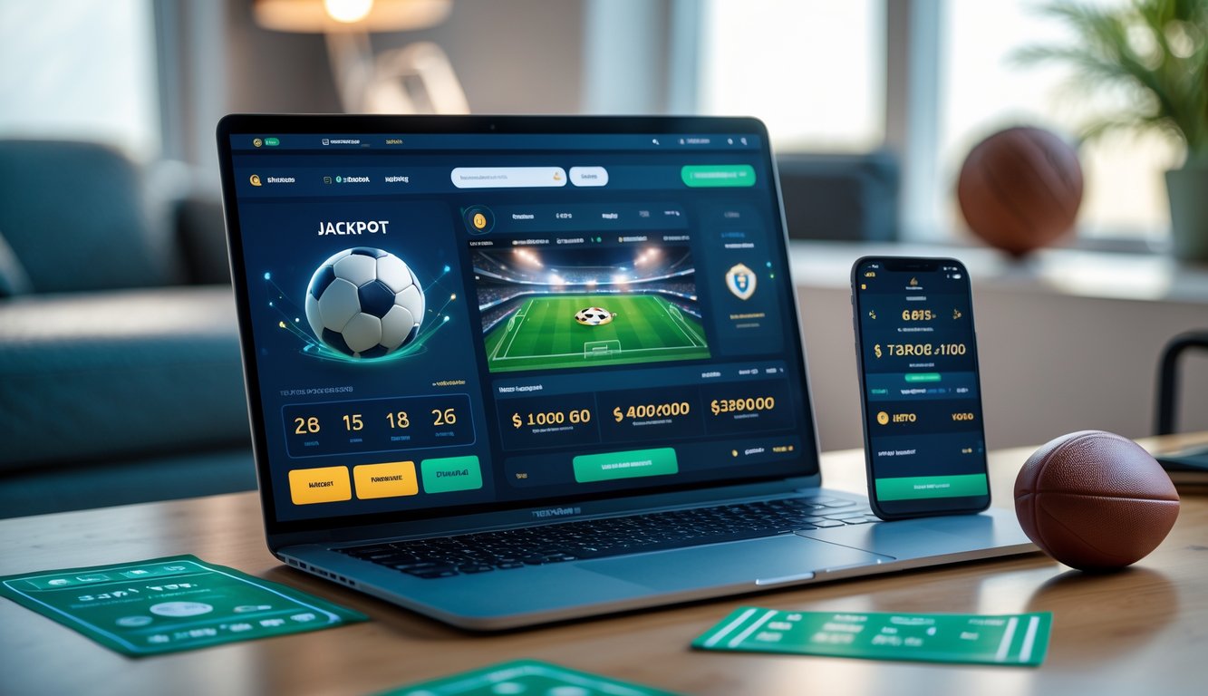 Meja kerja modern dengan laptop dan ponsel menampilkan aplikasi taruhan sepak bola dan jackpot besar.