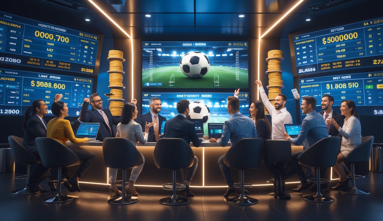 Sekelompok orang antusias berkumpul di ruang taruhan modern dengan layar besar menampilkan statistik pertandingan sepak bola dan suasana perayaan kemenangan.