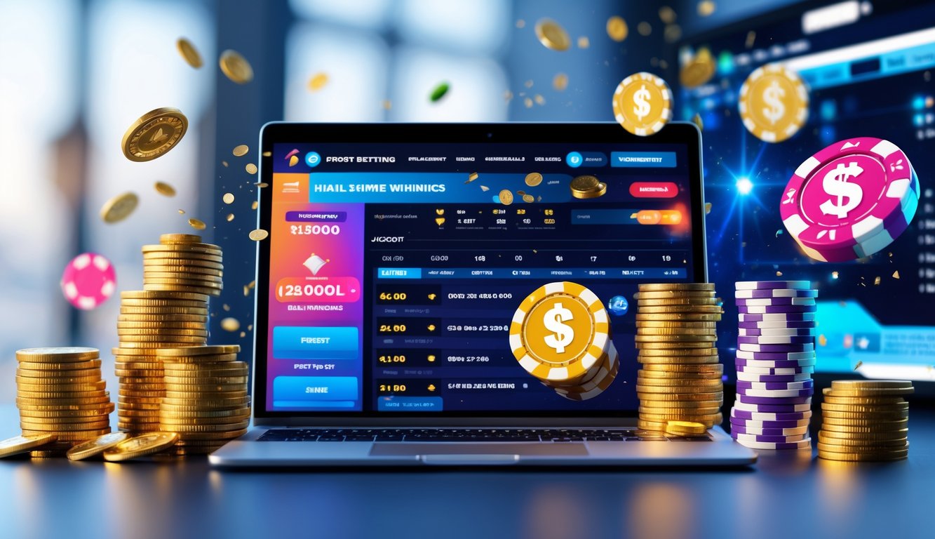 Seseorang menggunakan perangkat digital untuk bertaruh olahraga dengan tumpukan koin dan simbol jackpot di sekitar mereka.