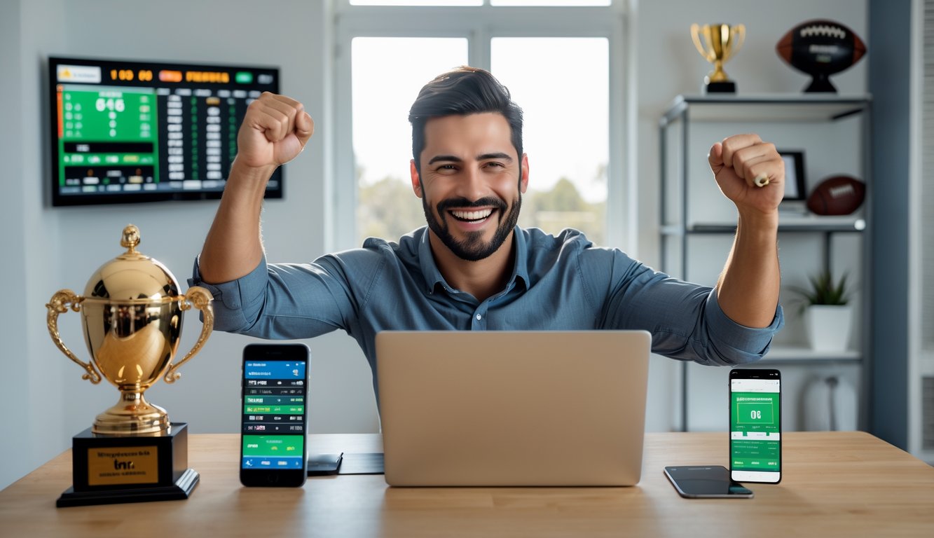 Seorang pria sedang merayakan kemenangan besar di depan laptop di ruang kerja rumah yang rapi dengan perlengkapan olahraga di latar belakang.