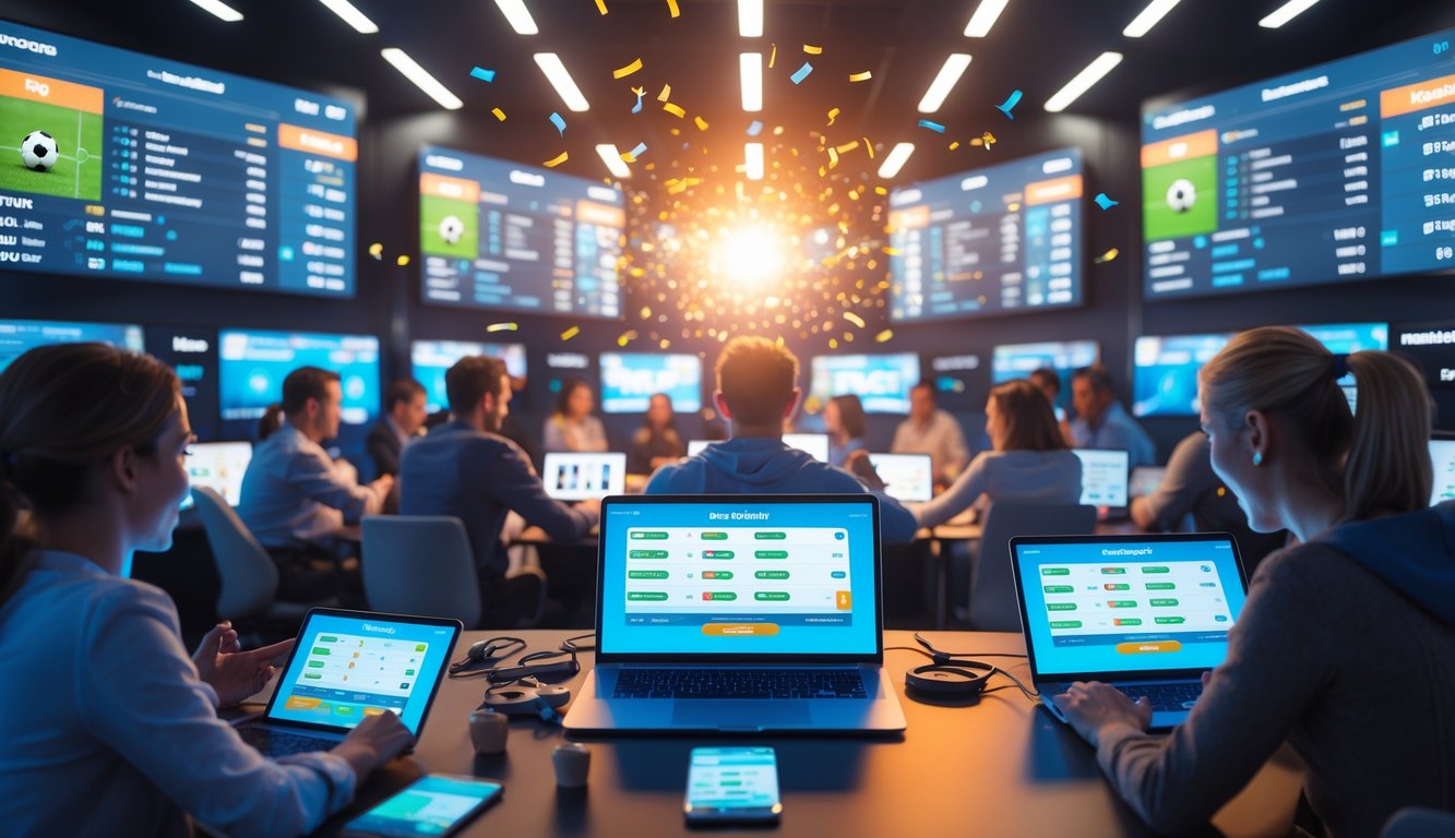 Sekelompok orang menggunakan perangkat elektronik untuk taruhan bola dengan layar besar menampilkan pertandingan sepak bola dan informasi jackpot di latar belakang.