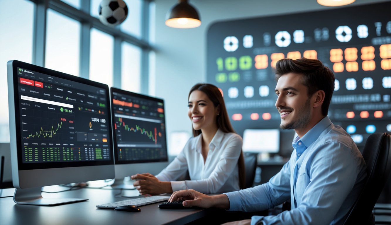 Dua orang sedang duduk di depan komputer dengan tampilan taruhan olahraga dan indikator jackpot di layar.