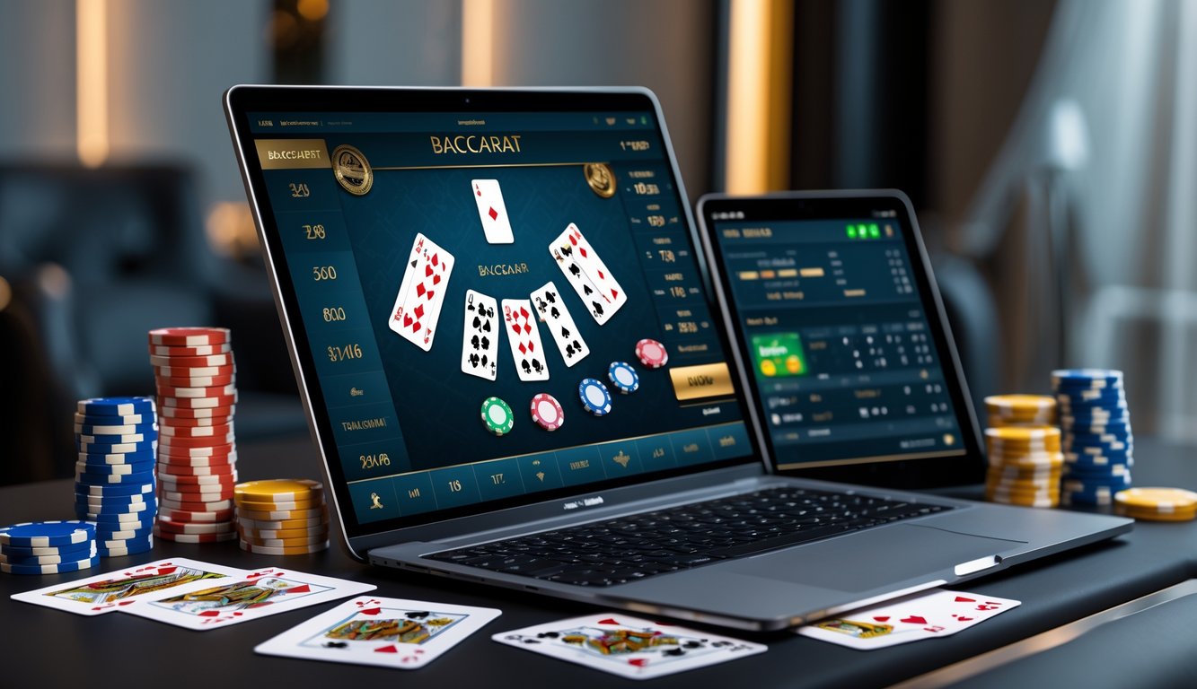 Sebuah meja dengan komputer dan kartu bermain yang menampilkan permainan baccarat online dengan chip poker di sekitarnya.