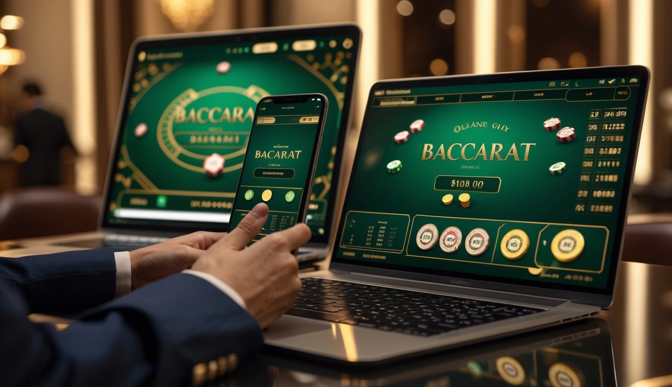 Seseorang menggunakan laptop dan ponsel untuk bermain baccarat online dengan latar belakang suasana kasino yang mewah.