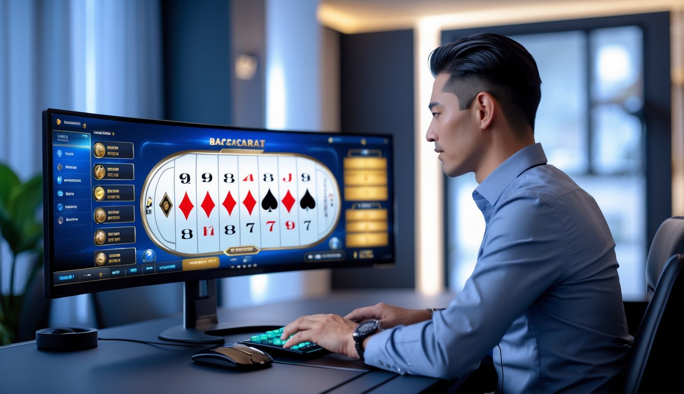 Seorang pemain dewasa duduk di depan komputer dengan layar menampilkan permainan baccarat online, di sebuah ruangan modern yang terang dan rapi.