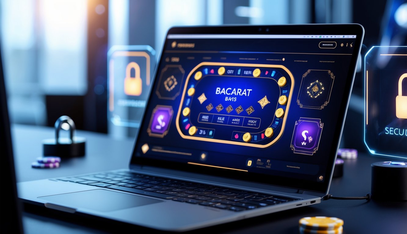Sebuah meja dengan komputer yang menampilkan permainan baccarat online dengan suasana modern dan elemen keamanan digital di latar belakang.