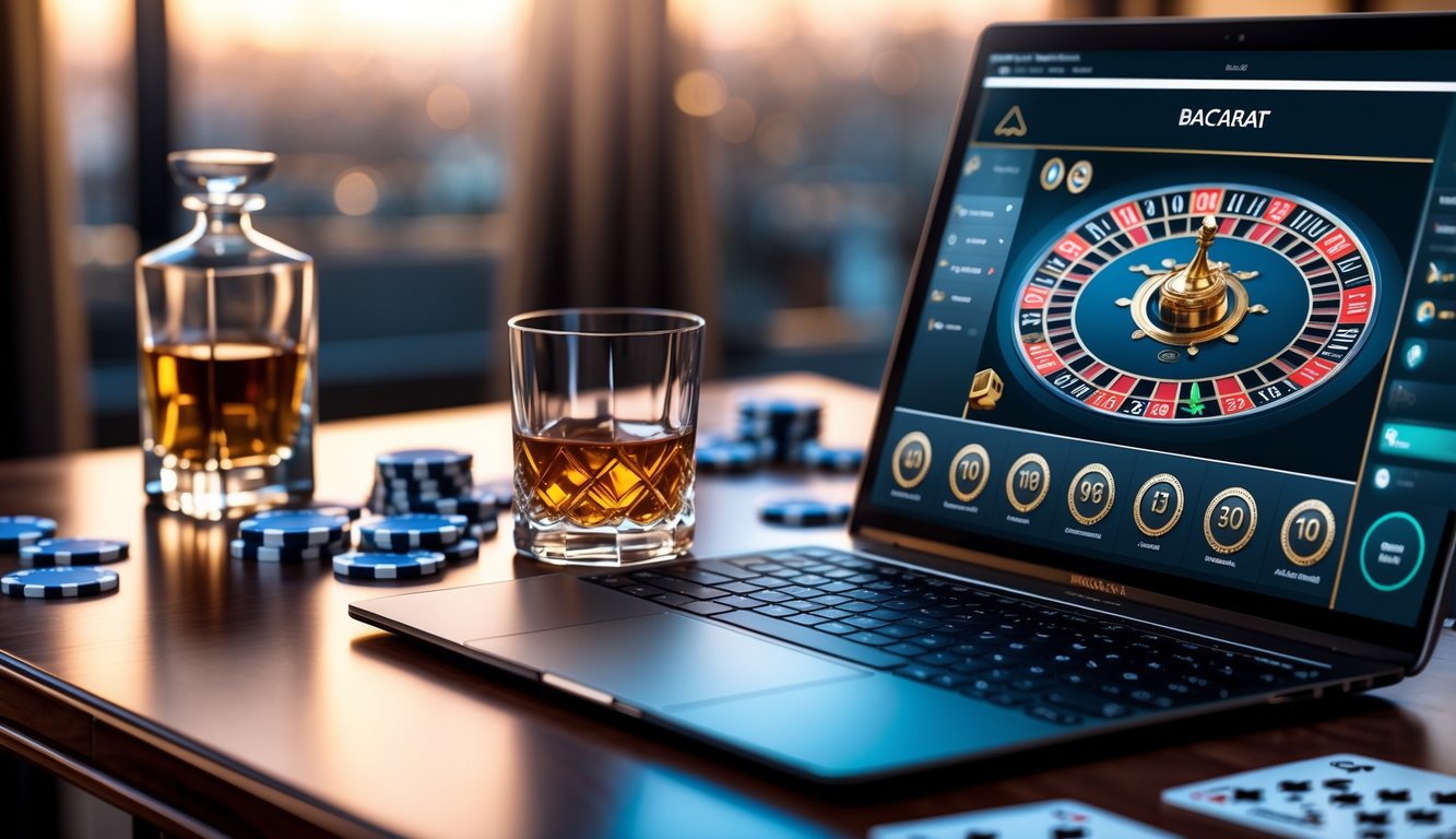 Sebuah meja dengan laptop yang menampilkan permainan baccarat online, dikelilingi oleh gelas minuman, chip poker, dan kartu remi.