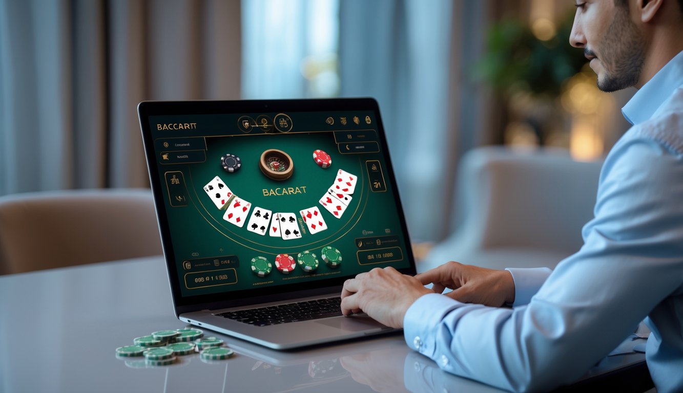 Seseorang sedang menggunakan komputer dengan tampilan permainan baccarat online di meja yang rapi dalam ruangan yang nyaman.
