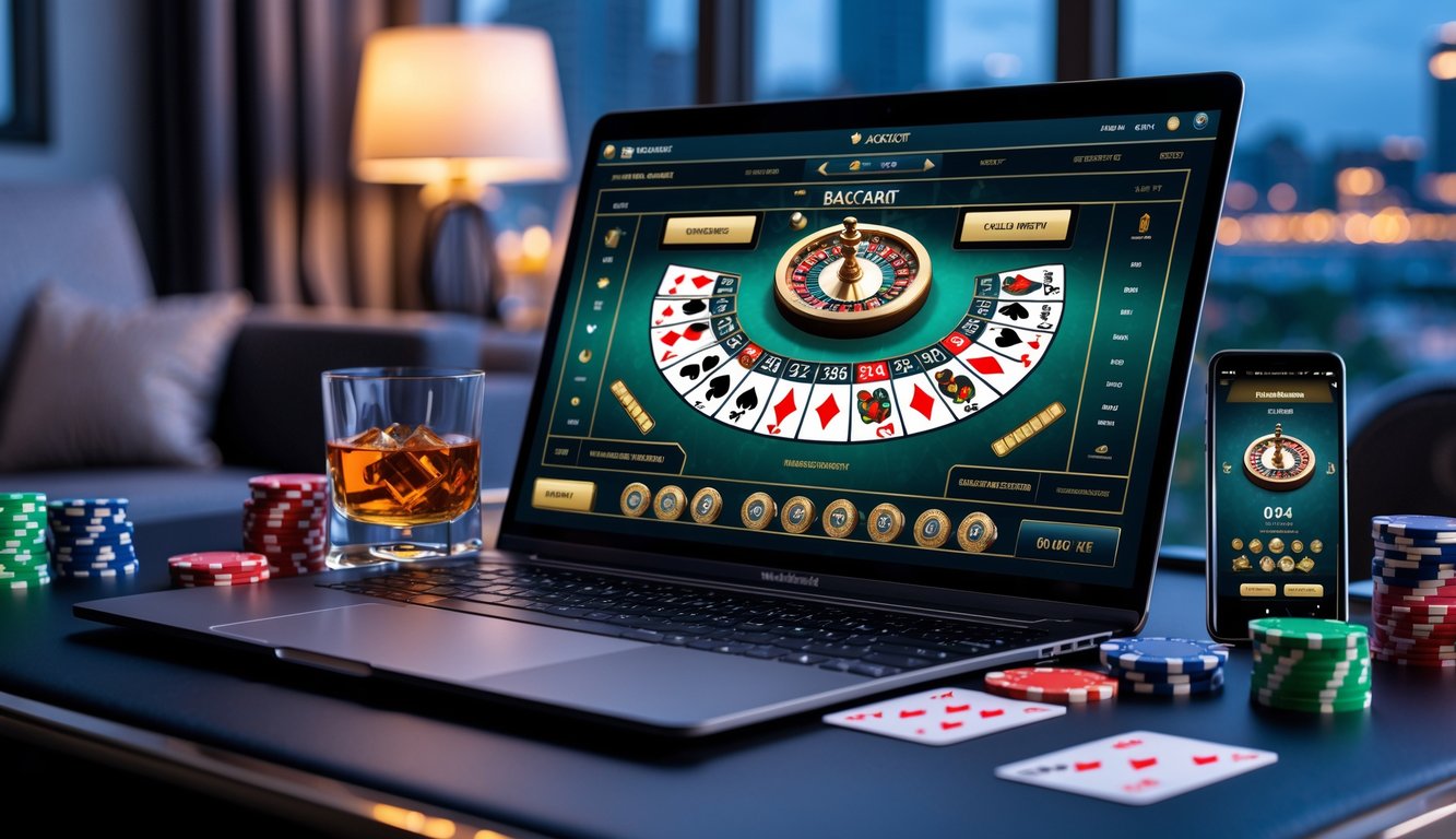 Sebuah meja dengan laptop yang menampilkan permainan baccarat online, dikelilingi oleh chip kasino dan kartu remi, dengan latar belakang ruangan yang nyaman dan pencahayaan hangat.