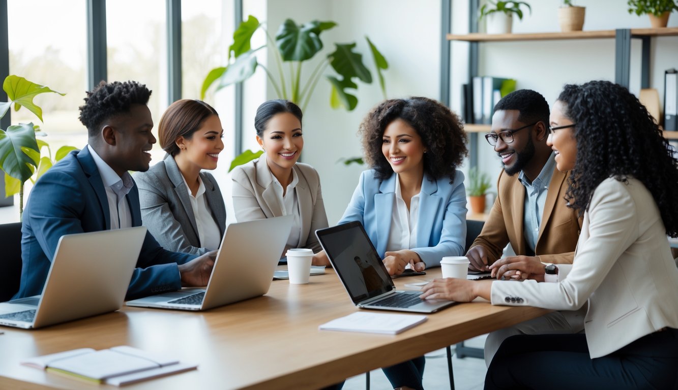 Sekelompok orang beragam sedang bekerja sama dalam rapat di kantor modern dengan pencahayaan alami.