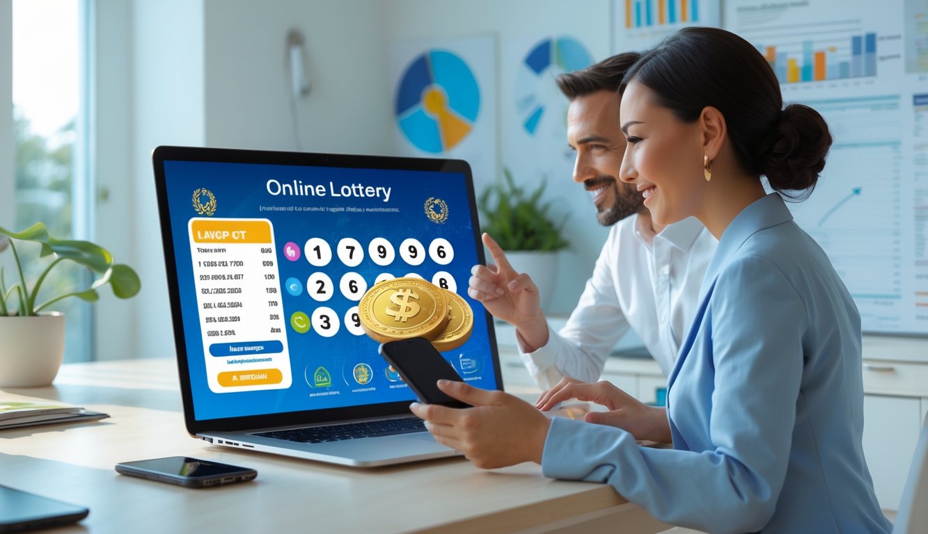 Dua orang dewasa menggunakan laptop dan ponsel di ruang kerja modern, menampilkan konsep lotere online dengan suasana cerah dan profesional.