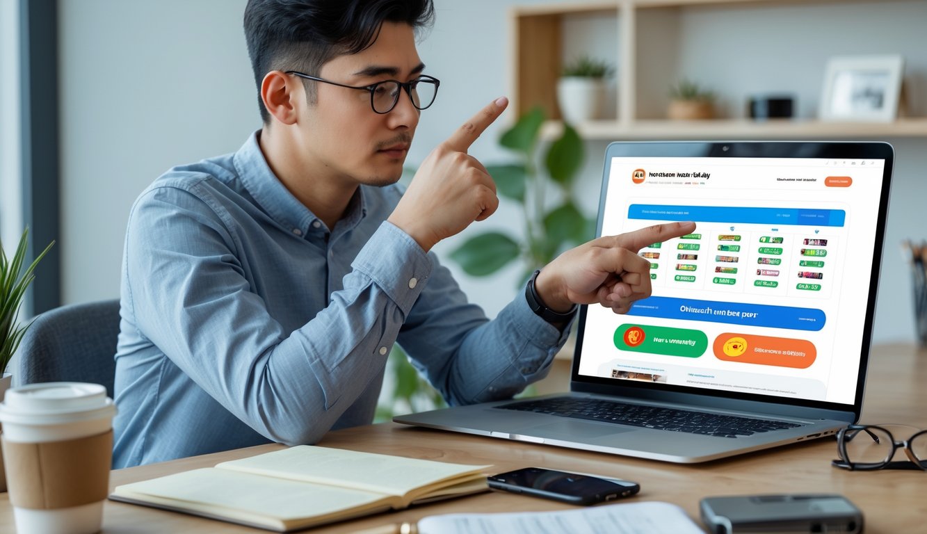 Seorang dewasa muda duduk di meja dengan laptop terbuka, menunjuk layar dengan ekspresi fokus, di ruang kerja rumah yang terang dan rapi.